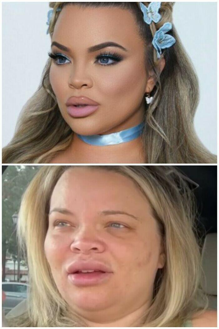 Side-by-side photos showing Instagram reality with heavy makeup and natural look exposing fake online photos.