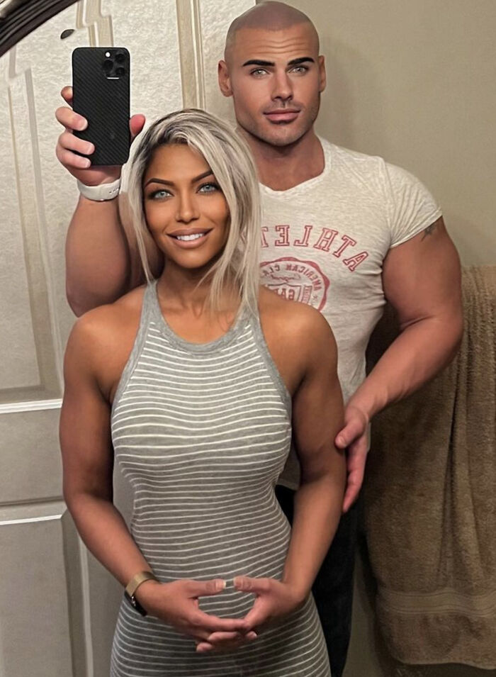 A muscular couple posing for a selfie with Instagram reality filters exposing the fakest photos online.