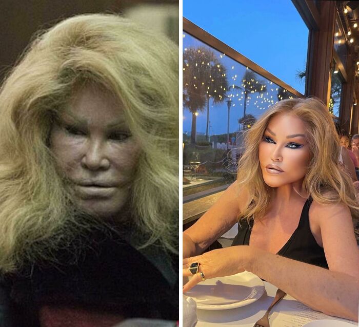 Side-by-side comparison showing Instagram reality versus real-life appearance exposing fake photos online.