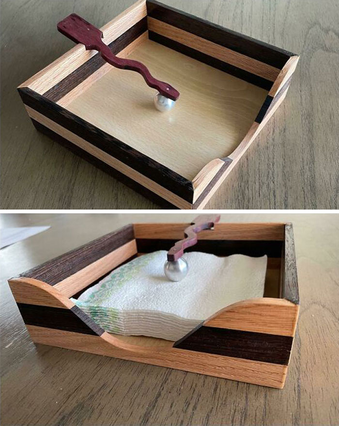 Wife Wanted A Napkin Holder For $10... Told Her I Could Make It For $50. Oak, Walnut, Purpleheart, Aluminum