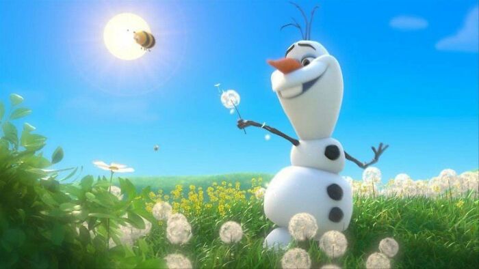 Animated snowman holding a dandelion surrounded by flowers and a bee in a bright outdoor scene, highlighting hidden film details.
