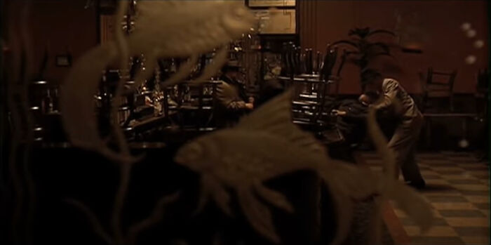 Watching The Remastered "Godfather" (1972) And Noticed For The First Time The Visual Foreshadowing To The Famous "Sleeps With The Fishes" Line