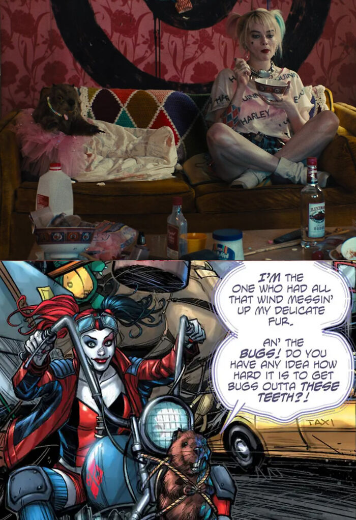 Harley Quinn scenes showing Easter eggs and hidden details from popular films in live-action and comic styles.
