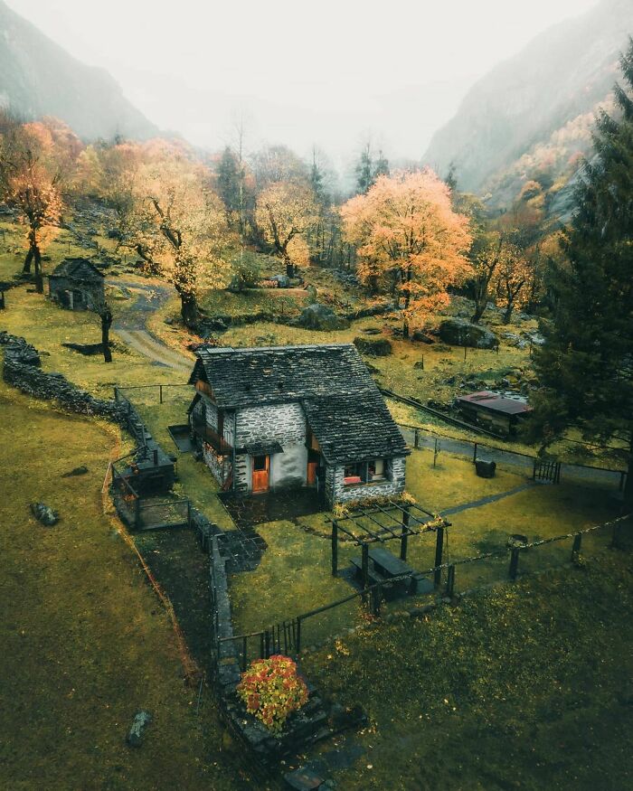 Black Cabin In The Foggy Forest