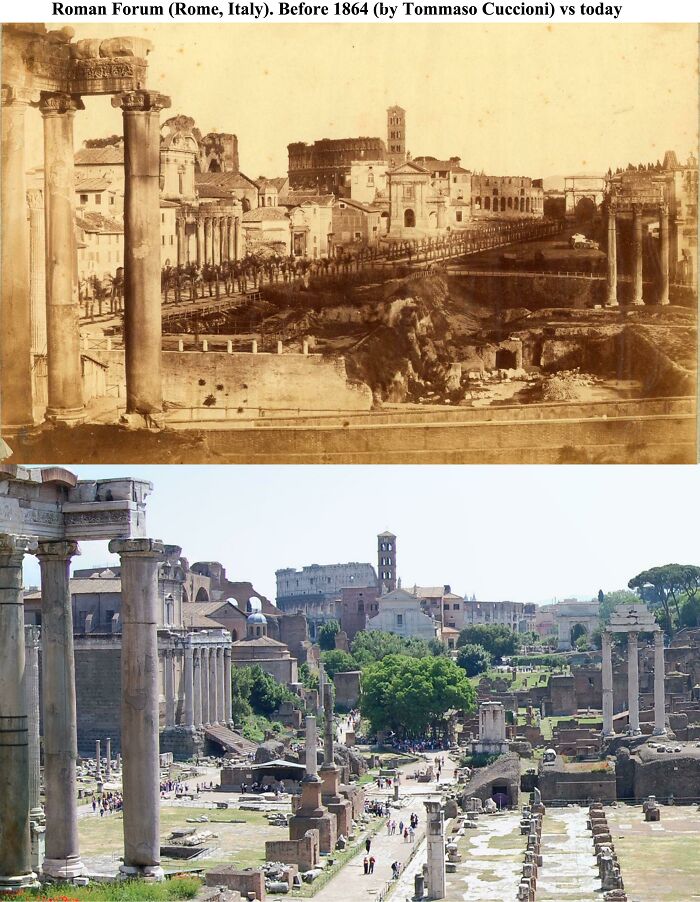 El Foro Romano (Roma, Italia) antes de 1864 frente a la actualidad