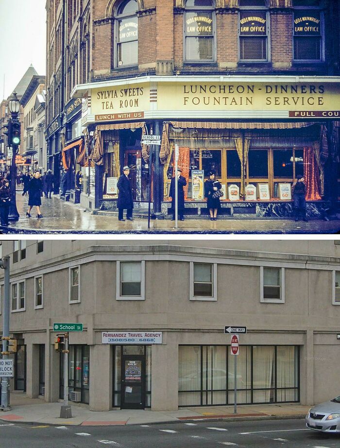 Corner Of School And Main Streets, Brockton, Massachusetts In 1940 vs. 2018. (1940 Photo By Jack Delano Via Library Of Congress.)