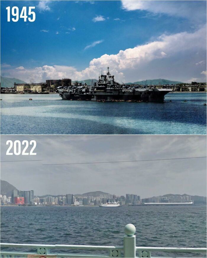 Hong Kong Harbour. Hms Indomitable, September 1945 vs. Today