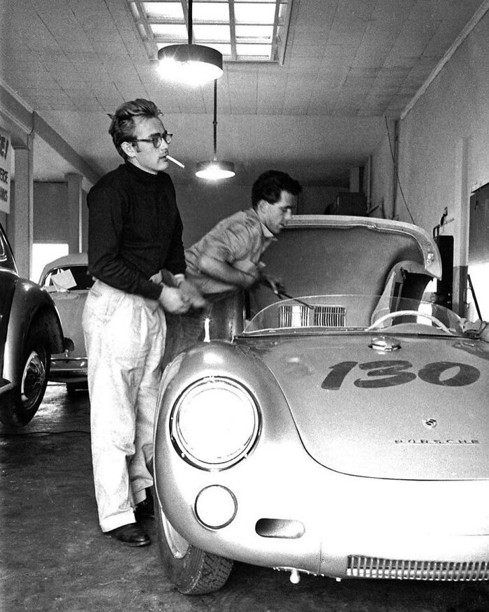 James Dean Working On His Porsche 550 Spyder With Mechanic Rolf Wütherich