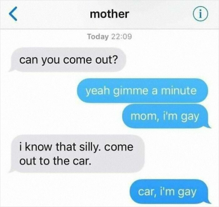 Text conversation between mother and child with humorous misunderstanding about coming out.