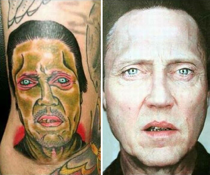 Badly done tattoo next to a photo comparison, showcasing a creative fail.