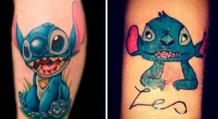 Horribly-done tattoo comparisons of a cartoon character on two arms, one detailed and one poorly sketched.