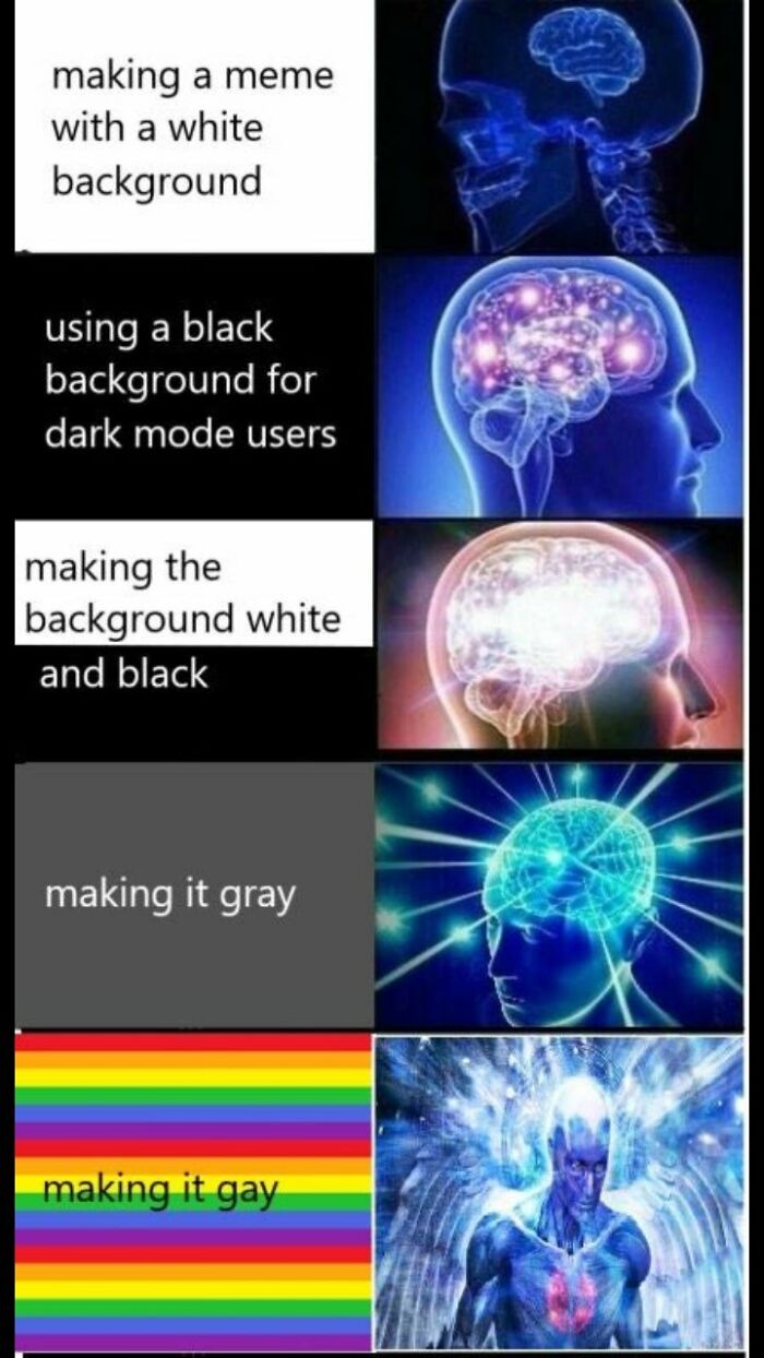 LGBTQ+ meme evolution with colorful brain, ending in a vibrant rainbow design.