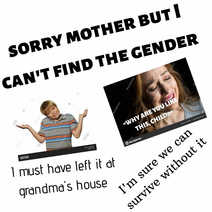 LGBTQ+ meme with text, "Sorry mother, can't find the gender," featuring a boy shrugging and a crying woman.