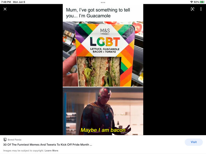 LGBTQ+ meme with a sandwich labeled "LGBT" and a superhero saying "Maybe I am bacon" below.