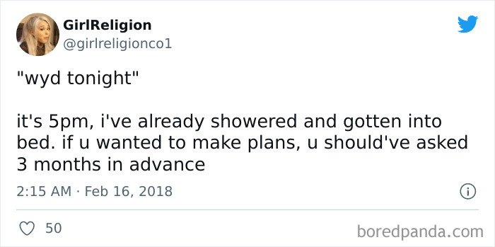 Tweet from Introvert Nation Instagram meme page about preferring early plans over last-minute invitations at 5pm.