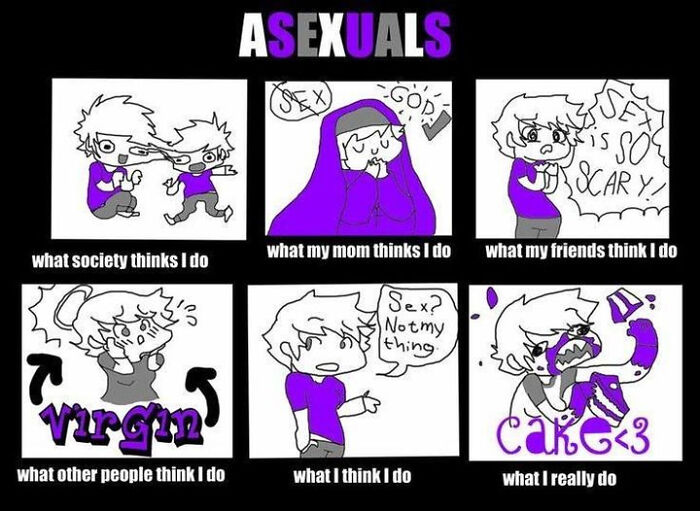 A comedic meme about asexuality displaying humorous perceptions and reality through six cartoon panels.