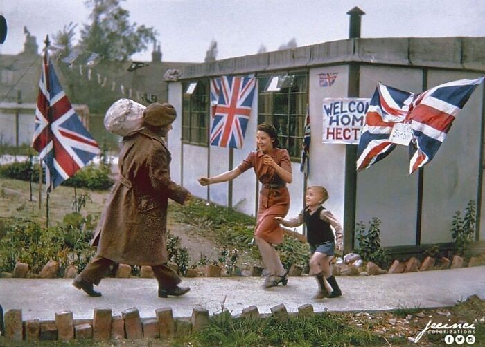 Gunner Hector Murdoch Arrives Home At His New Prefabricated House In Tulse Hill, London On His Birthday On The 15 October 1945, And Greeted By Is Wife Rosina And His Son John. Hector Spent Over 4 Years Away From Home, Spending 3 Of Those As A Prisoner Of War Of The Japanese After The Fall Of Singapore In 1942. He Nearly Died Of Cholera When In Singapore, And For 18 Months Rosina Did Not Know If Hector Was Dead Or Alive