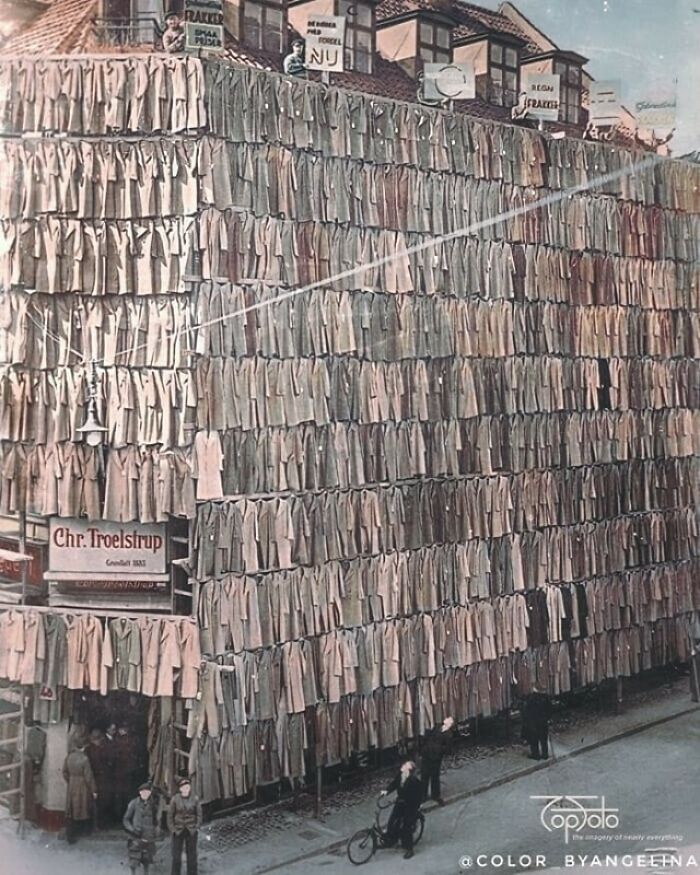 A Clothes Shop In Copenhagen, Denmark Covered In Large Spring And Winter Coats That Were Overstocked. Photograph Taken In 1936
