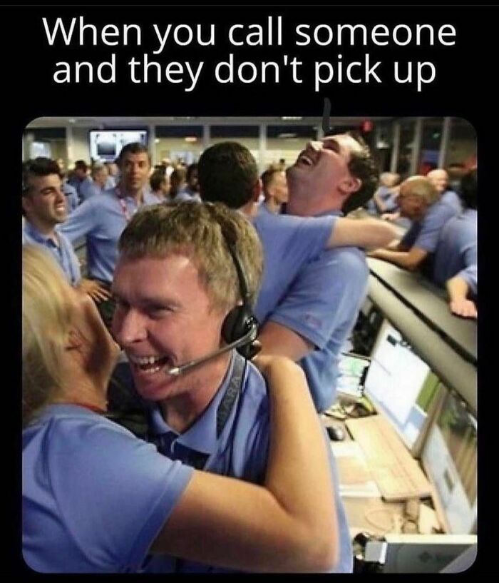 Group of people in blue shirts celebrating happily, captioned with a funny introvert nation meme about unanswered calls.
