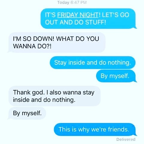 Text message conversation showing introvert humor about staying inside and doing nothing, a relatable introvert nation meme.
