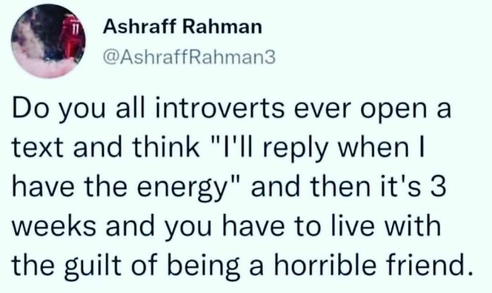 Text meme about introverts delaying text replies due to low energy, highlighting relatable introvert nation humor.
