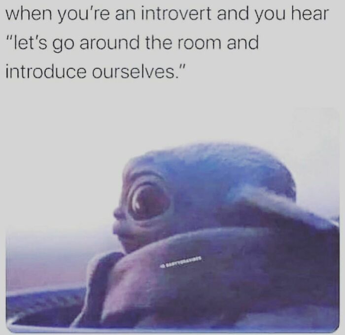 Baby Yoda looking worried with text about introverts and introducing themselves, relating to Introvert Nation memes.