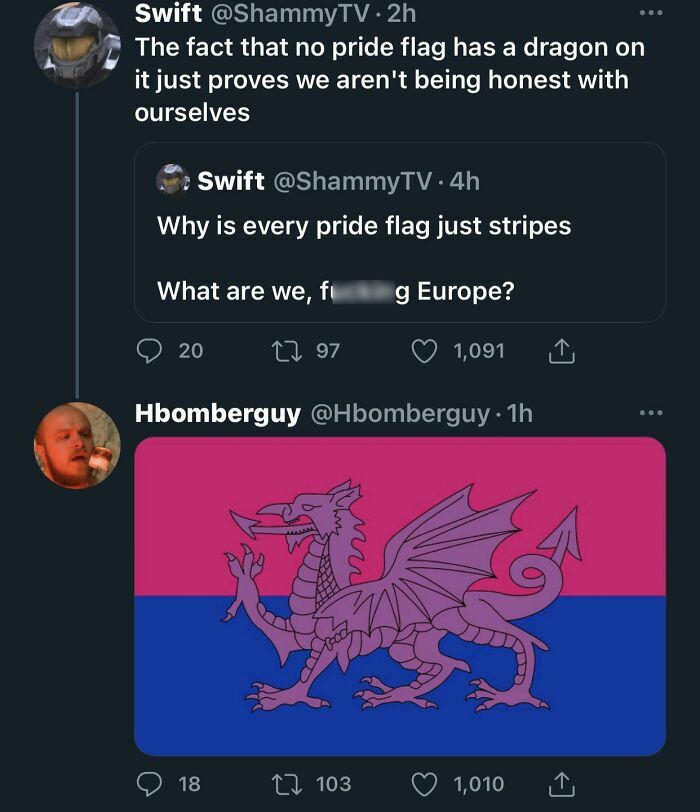 LGBTQ+ meme showing a pride flag design with a dragon on it in response to a tweet about pride flags.