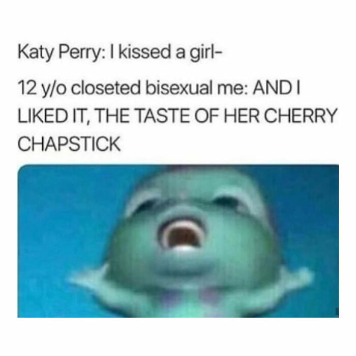 LGBTQ+ meme featuring a text exchange about enjoying a girl's kiss, with an excited animated character below.