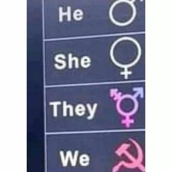 Pronouns with gender symbols, ending with a humorous communist symbol for "We," an LGBTQ+ meme.