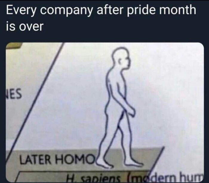 Meme of evolution chart with text "Every company after pride month is over" and "Later Homo" label.