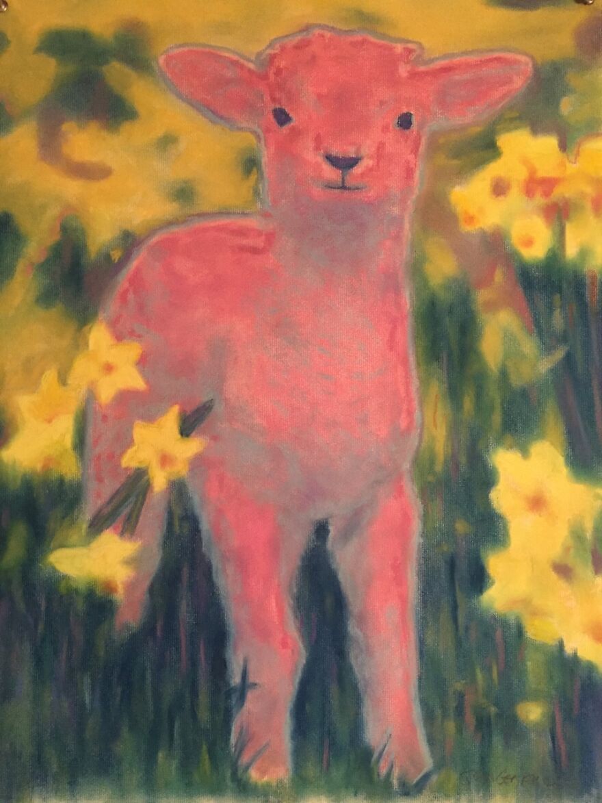 Lamb In Daffodils, Pastel On Paper, 24” X 18”