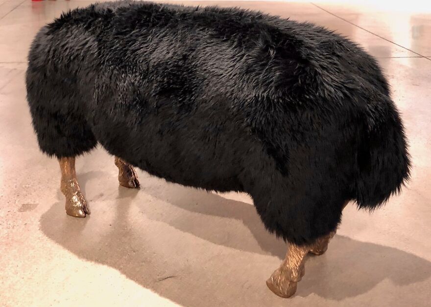 The Push Me-Push Ewe (Black), Sheepskin, Bronze, Wood, Foam, Silicone, 30” X 48” X 20”