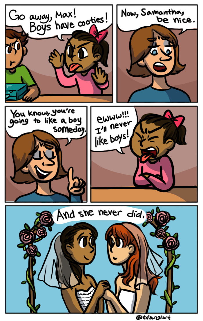 Comic strip showing a young girl rejecting boys and later marrying a woman, highlighting a funny LGBTQ+ moment.