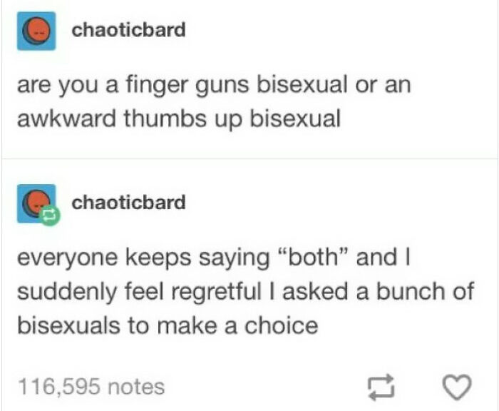 LGBTQ+ meme about choosing between finger guns or thumbs up as a bisexual gesture, highlighting humor in identity choices.