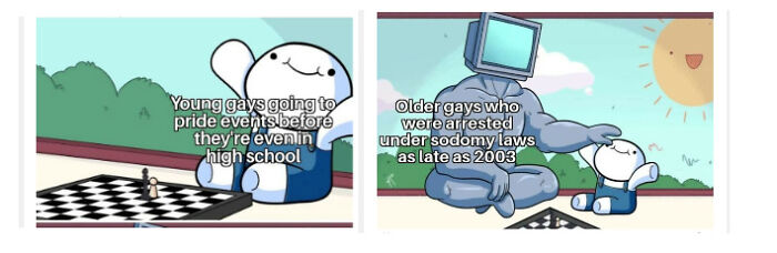 Cartoon of young and older LGBTQ+ characters discussing pride events and past sodomy laws in a humorous setting.