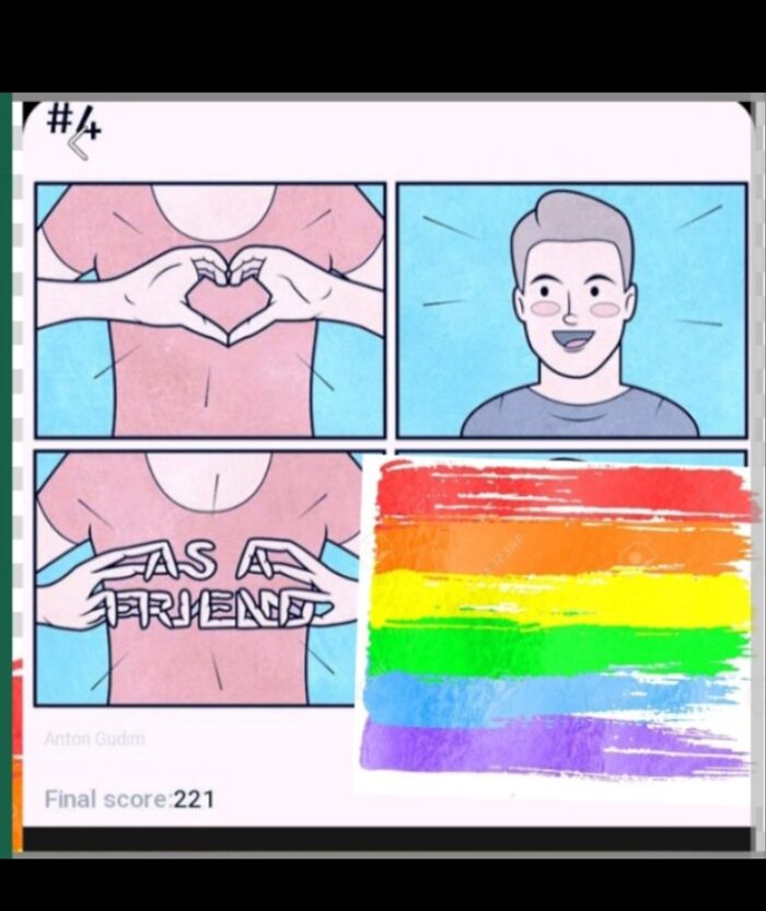 Comic strip depicting a person making a heart shape followed by "as a friend" text and rainbow colors, tagged as an LGBTQ+ meme.