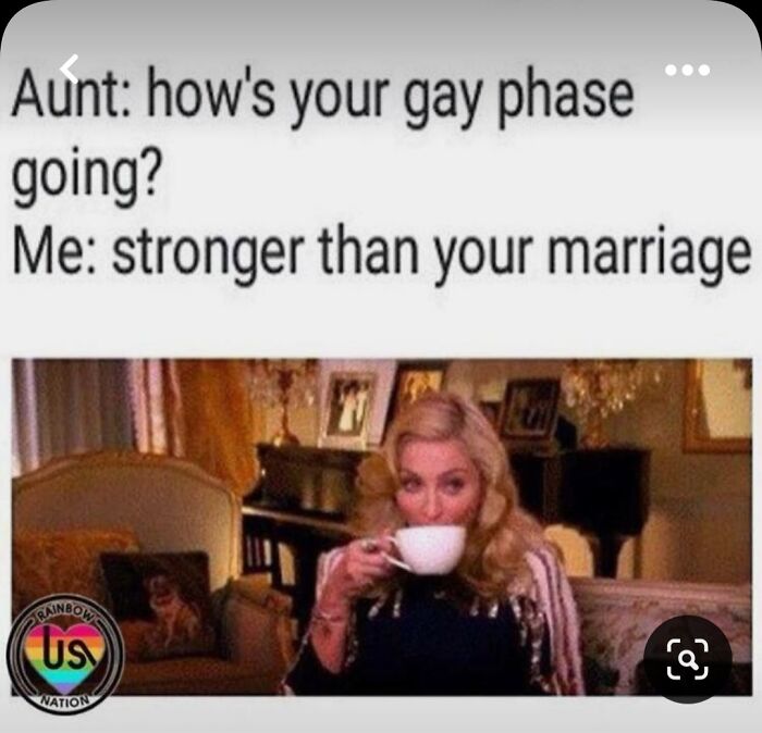 A humorous LGBTQ+ meme showing someone sipping tea with a witty response about a "gay phase" and marriage.