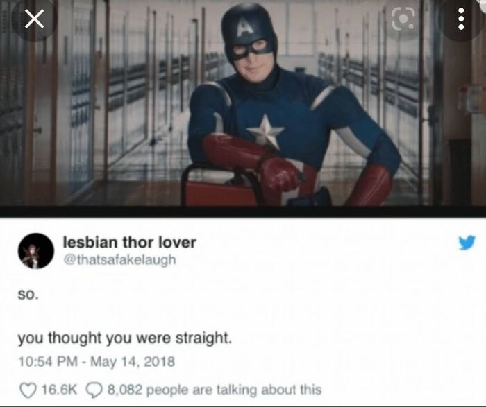Captain America with text: "so, you thought you were straight." Funny LGBTQ+ meme.