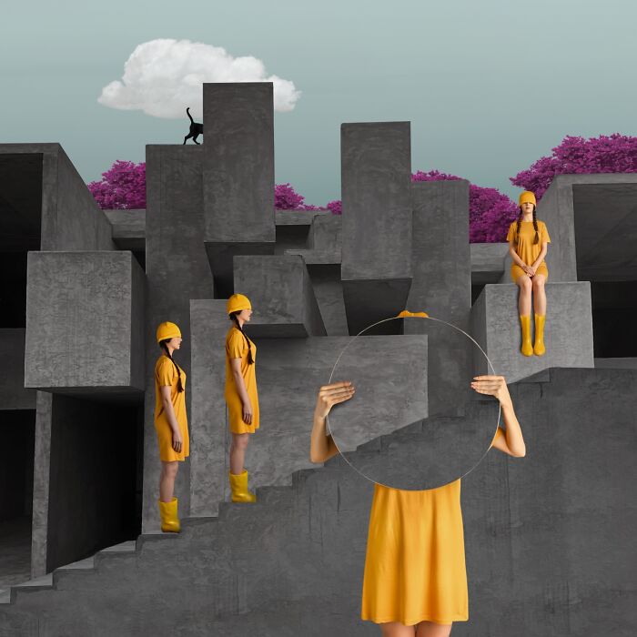 Surreal scene with multiple women in yellow outfits interacting with geometric concrete structures, showcasing powerful photography.