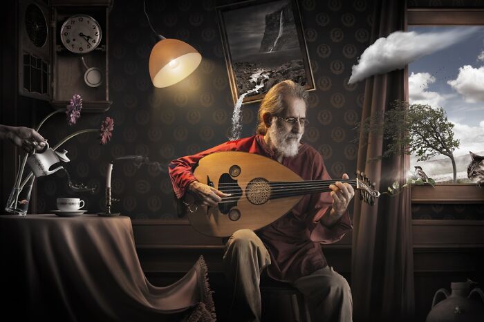 Elderly man playing oud in surreal room with floating clouds and whimsical background, showcasing powerful photography creativity.