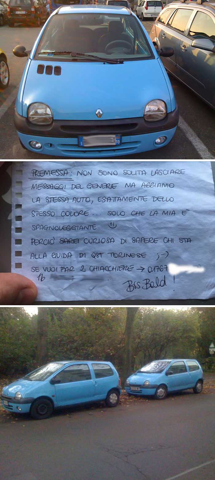 Two blue cars of the same model with a handwritten windshield note exchanged, showing one of the most startling windshield notes found.