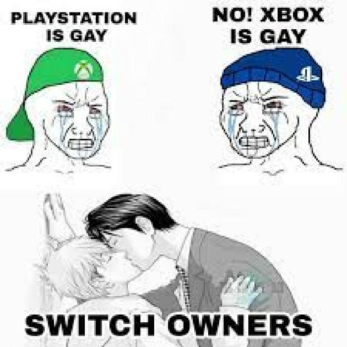 Cartoon meme humor with two crying figures and a kissing couple, highlighting LGBTQ+ themes with gaming console rivalry.