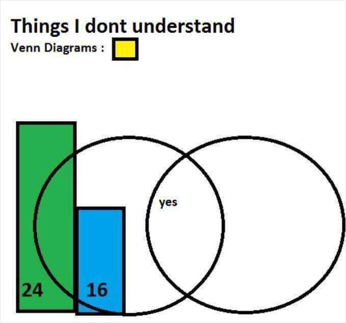 Funny Venn diagram with two circles labeled "things I don't understand," a bar chart, and the word "yes" in the intersection.