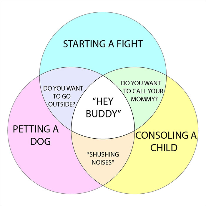 Funny Venn diagram with three circles: starting a fight, petting a dog, consoling a child.