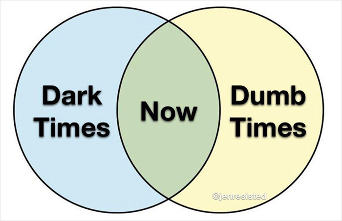 Venn diagram showing "Dark Times," "Dumb Times," intersecting at "Now," emphasizing funny concepts.