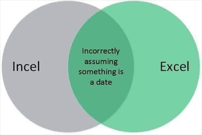Funny Venn diagram with "Incel" and "Excel" circles overlapping at "Incorrectly assuming something is a date."