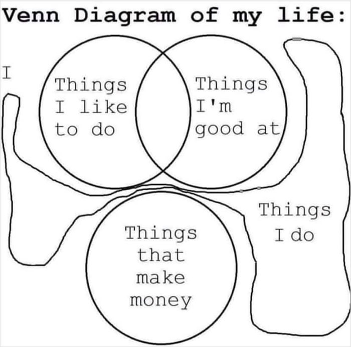 Funny Venn diagram illustrating life balance with humor.