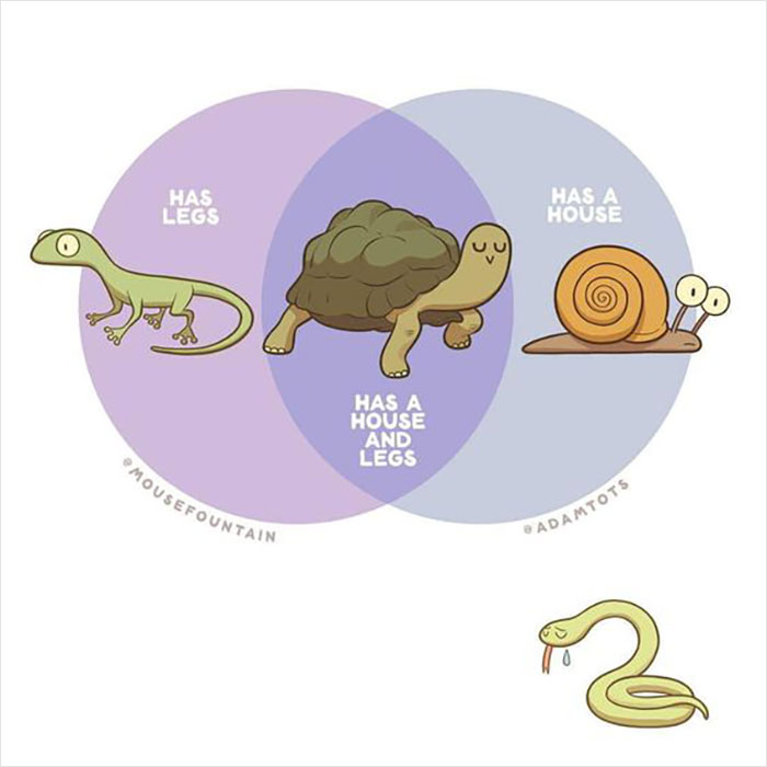Funny Venn diagram featuring animals with legs, a house, and a combination of both attributes.