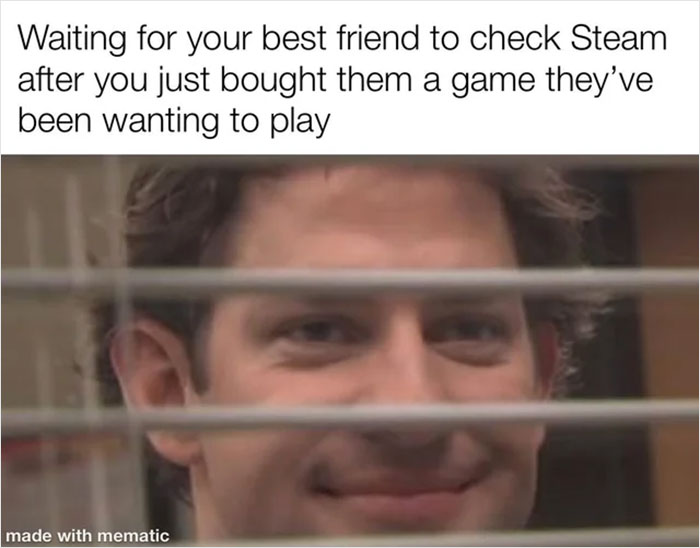 Smiling through blinds, waiting for a friend to check Steam, representing wholesome memes and friendship joy.