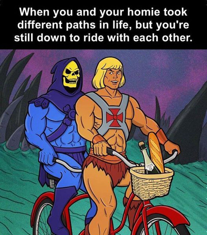 Wholesome meme of two cartoon characters riding a bike together, symbolizing friendship despite different paths.